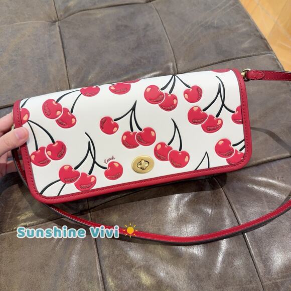 NWT Coach Dinky Bag Leather With Cherry Print Brass Chalk Multi CZ493 - Picture 1 of 14